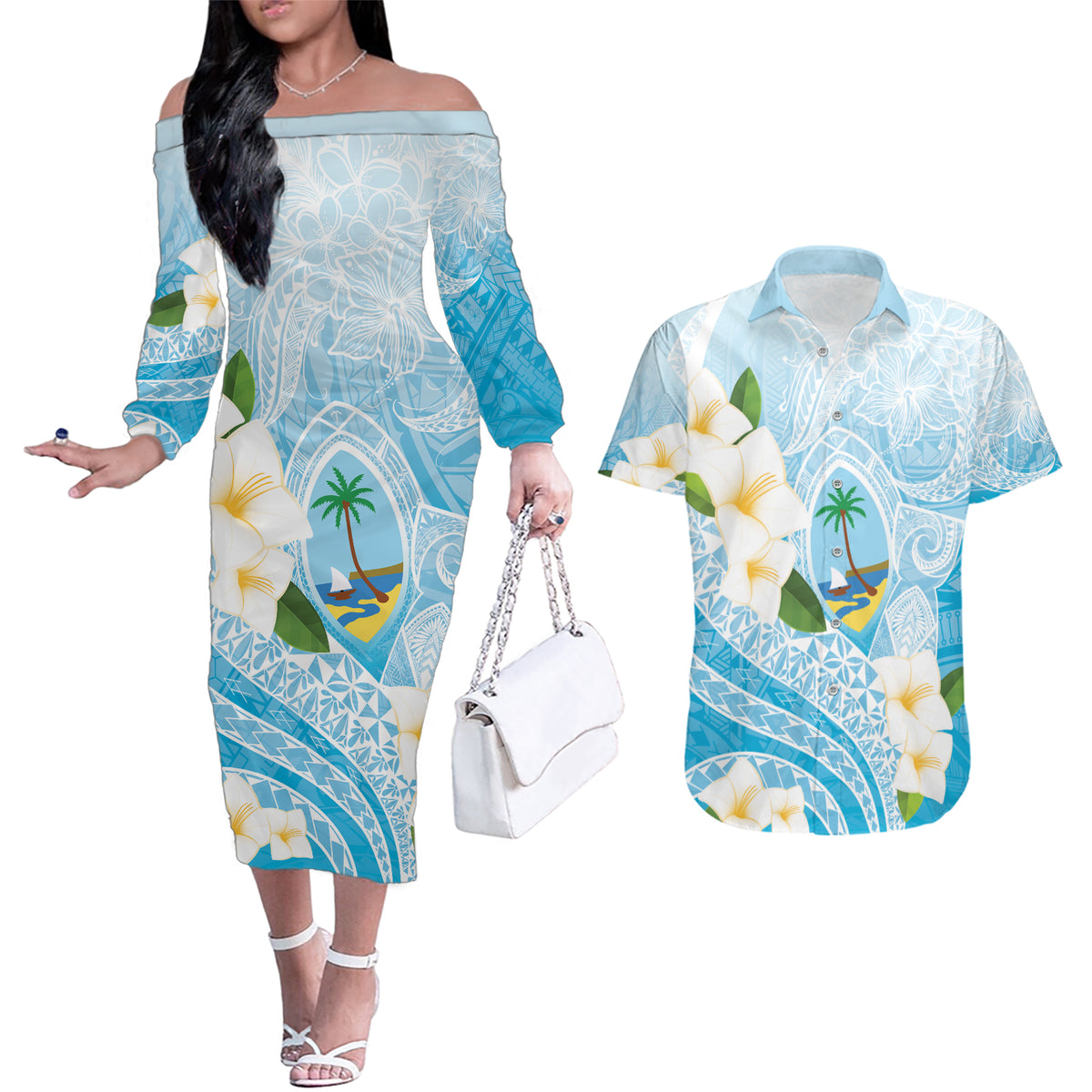 Guam Chamorro Guasali Flowers Couples Matching Off The Shoulder Long Sleeve Dress and Hawaiian Shirt Aqua Gradient LT7 Aquamarine - Polynesian Pride