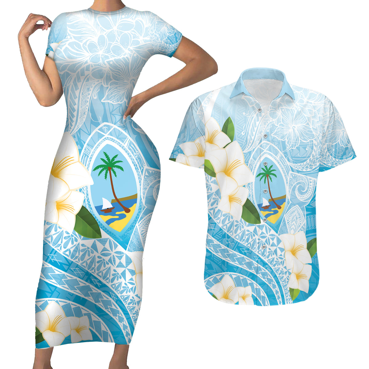 Guam Chamorro Guasali Flowers Couples Matching Short Sleeve Bodycon Dress and Hawaiian Shirt Aqua Gradient LT7 Aquamarine - Polynesian Pride