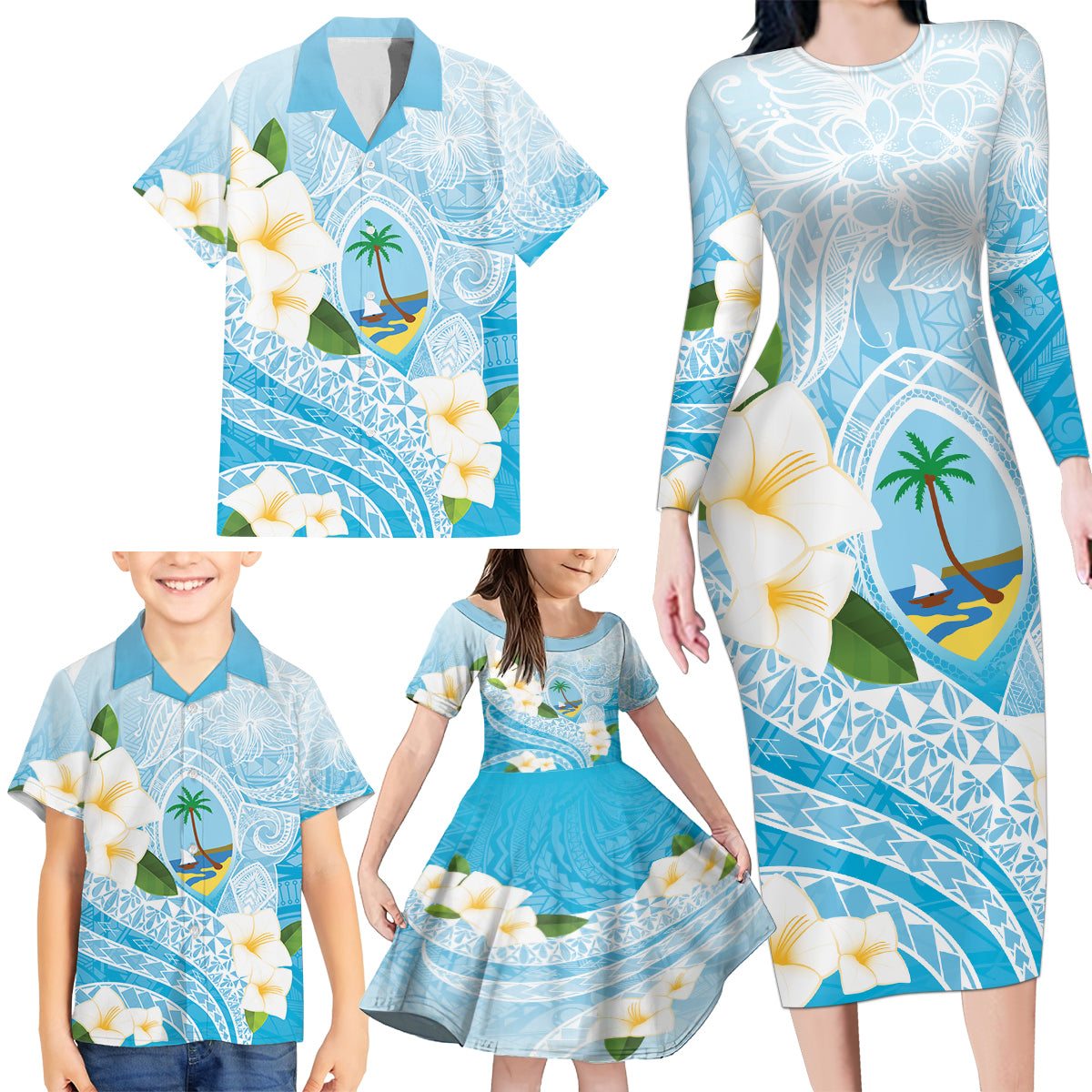 Guam Chamorro Guasali Flowers Family Matching Long Sleeve Bodycon Dress and Hawaiian Shirt Aqua Gradient LT7 - Polynesian Pride