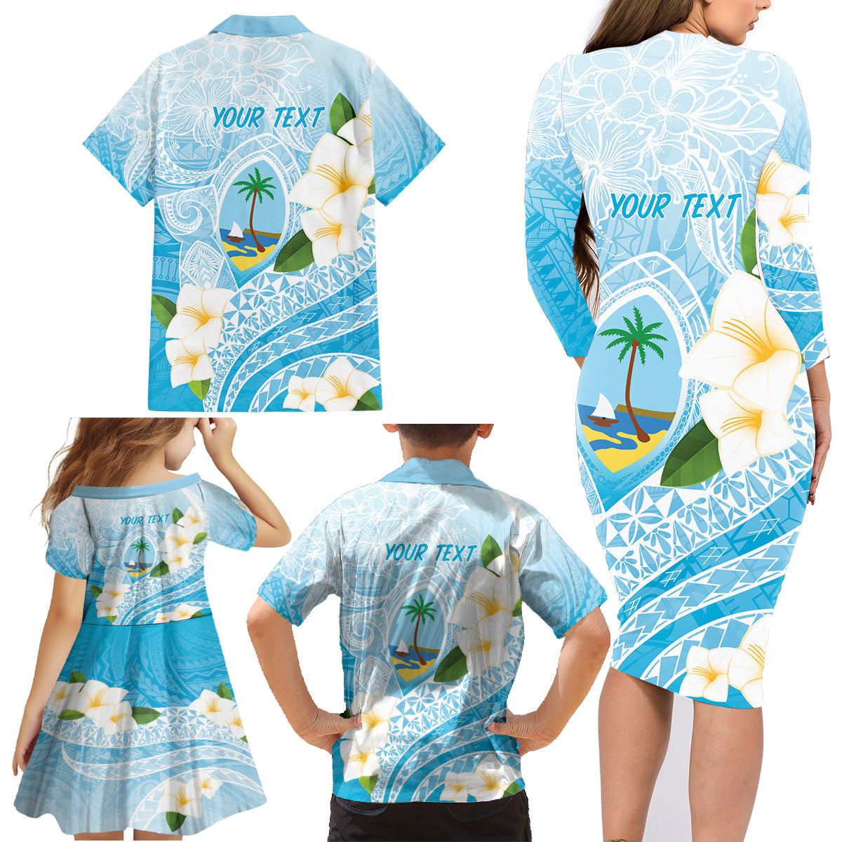 Guam Chamorro Guasali Flowers Family Matching Long Sleeve Bodycon Dress and Hawaiian Shirt Aqua Gradient LT7 - Polynesian Pride