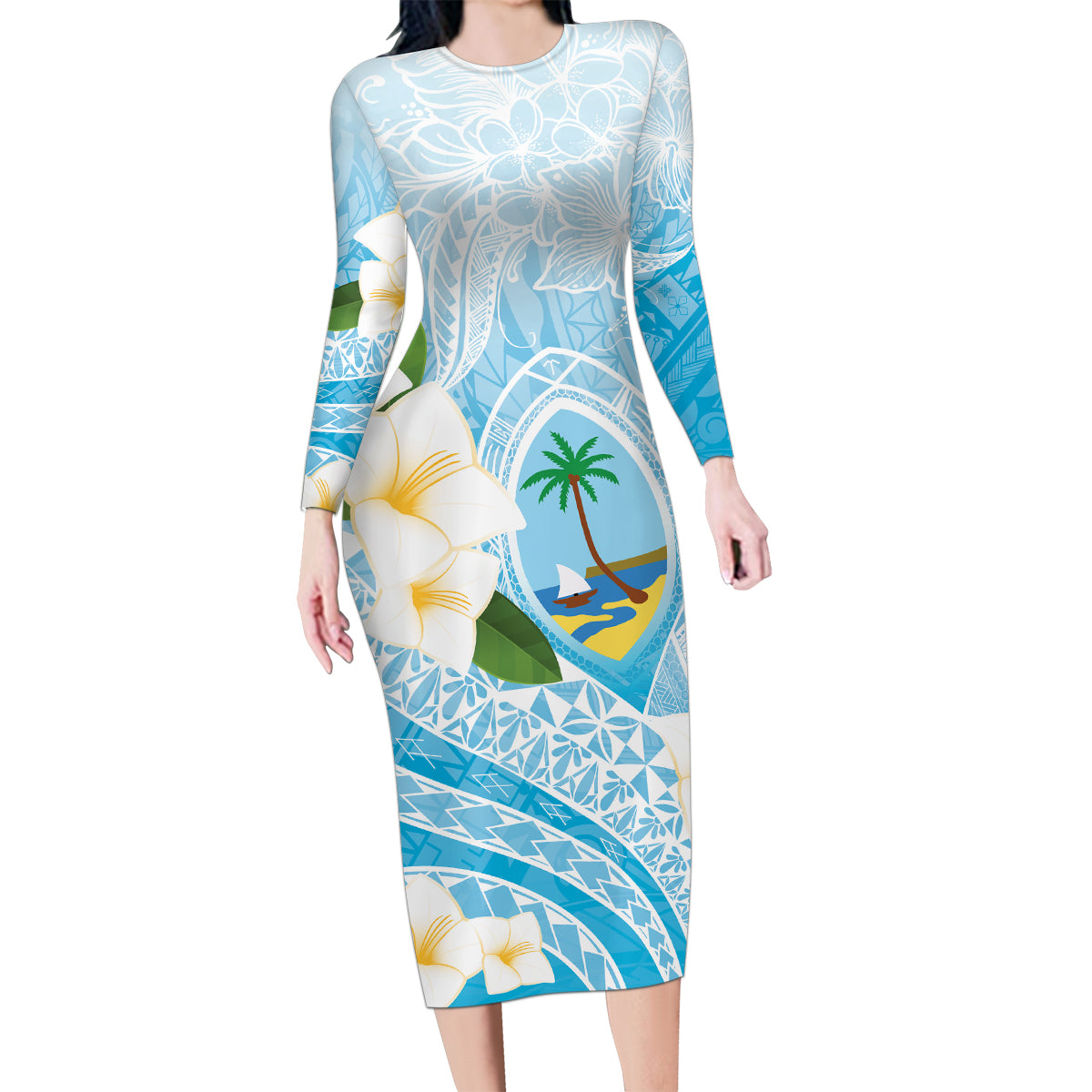 Guam Chamorro Guasali Flowers Family Matching Long Sleeve Bodycon Dress and Hawaiian Shirt Aqua Gradient LT7 Mom's Dress Aquamarine - Polynesian Pride