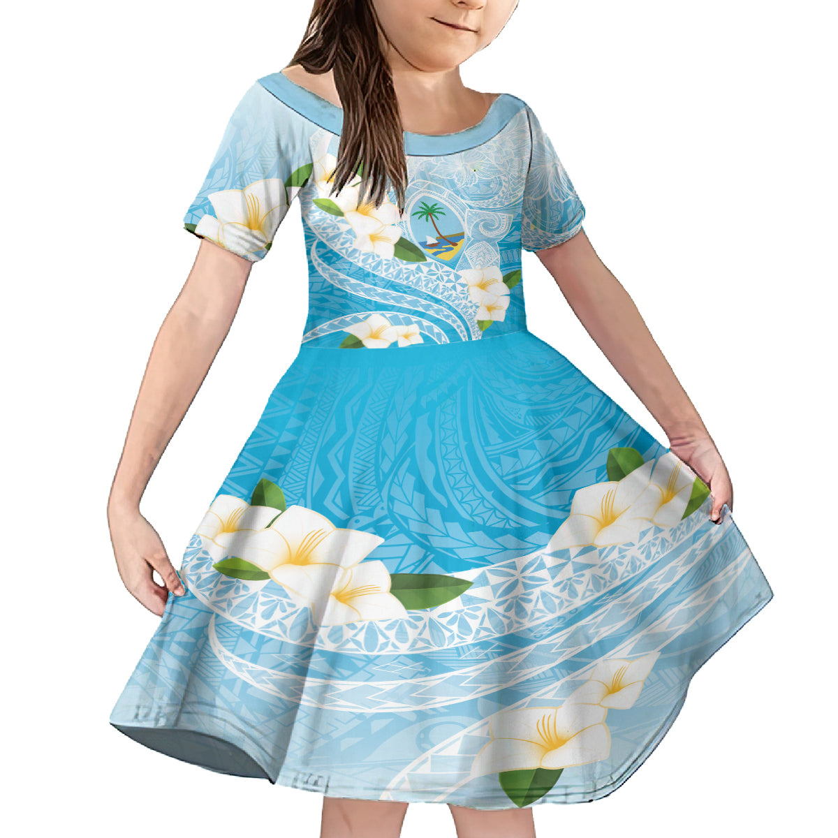 Guam Chamorro Guasali Flowers Family Matching Off The Shoulder Long Sleeve Dress and Hawaiian Shirt Aqua Gradient LT7 Daughter's Dress Aquamarine - Polynesian Pride