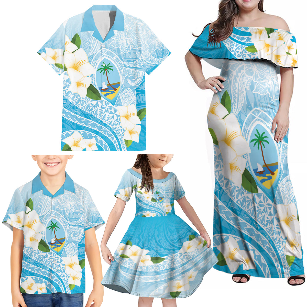 Guam Chamorro Guasali Flowers Family Matching Off Shoulder Maxi Dress and Hawaiian Shirt Aqua Gradient LT7 - Polynesian Pride