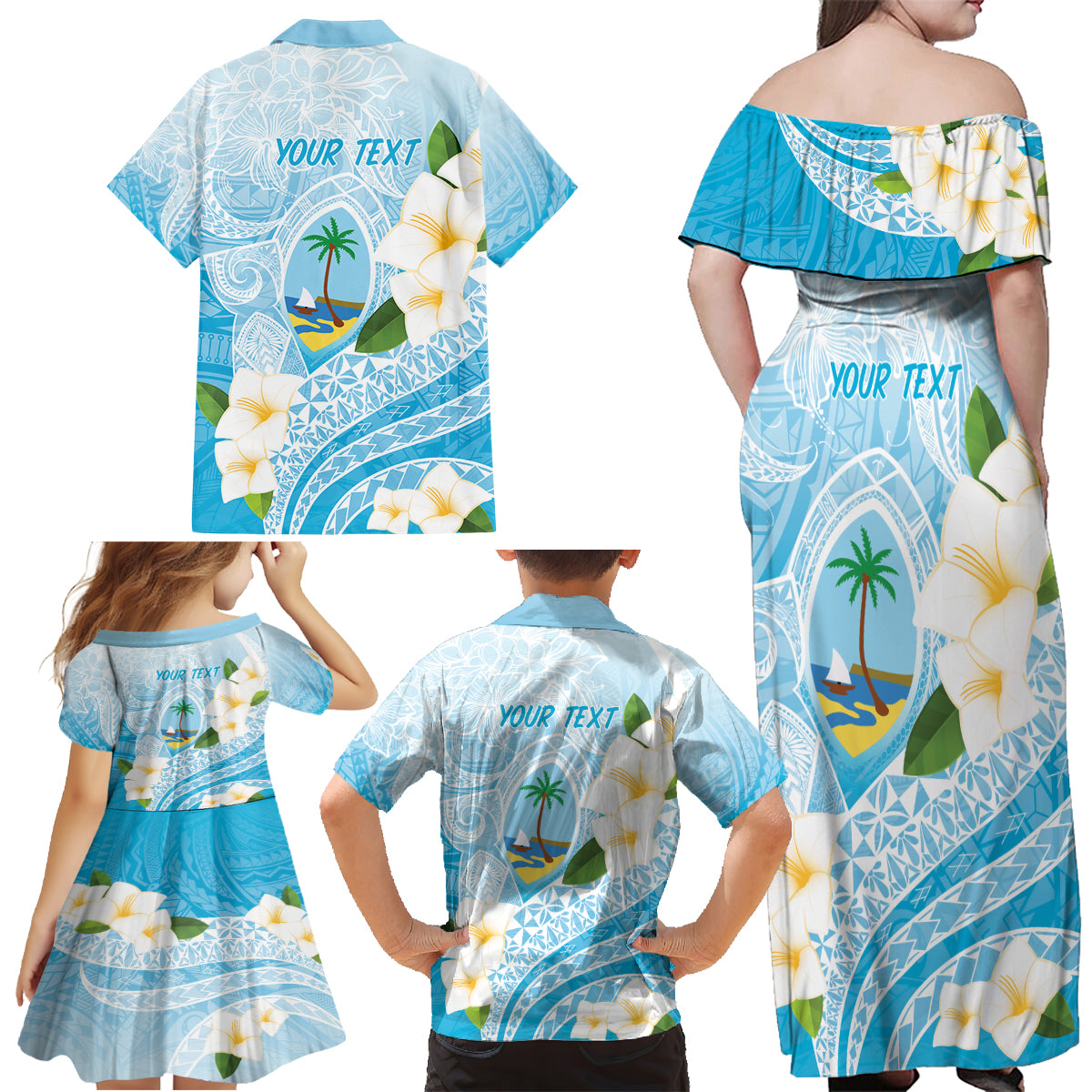 Guam Chamorro Guasali Flowers Family Matching Off Shoulder Maxi Dress and Hawaiian Shirt Aqua Gradient LT7 - Polynesian Pride