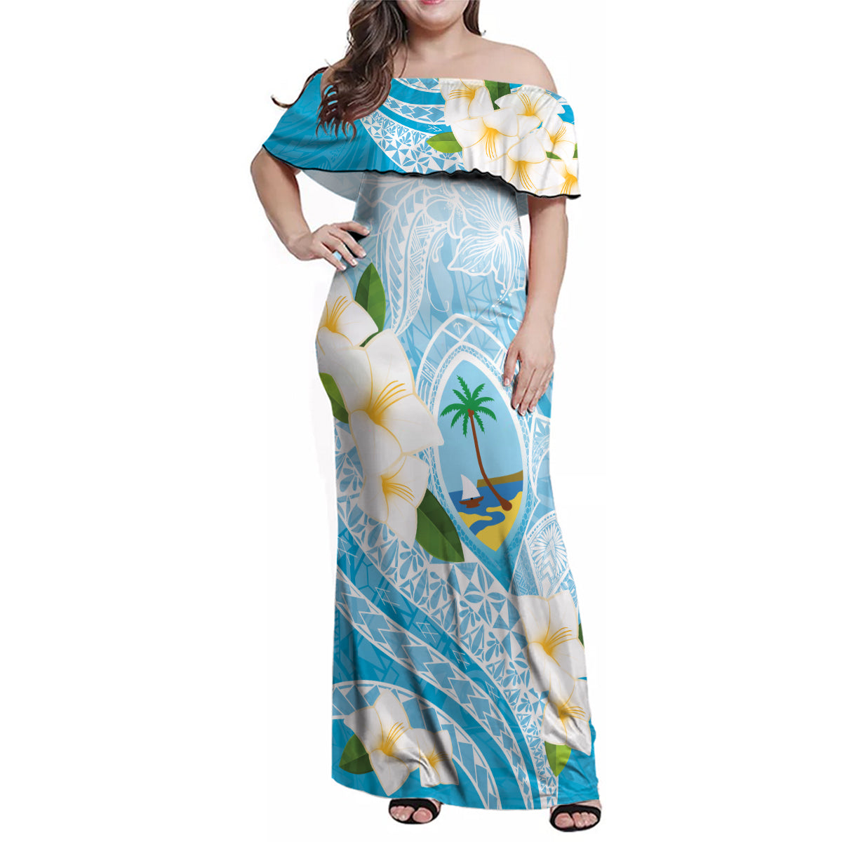 Guam Chamorro Guasali Flowers Family Matching Off Shoulder Maxi Dress and Hawaiian Shirt Aqua Gradient LT7 Mom's Dress Aquamarine - Polynesian Pride