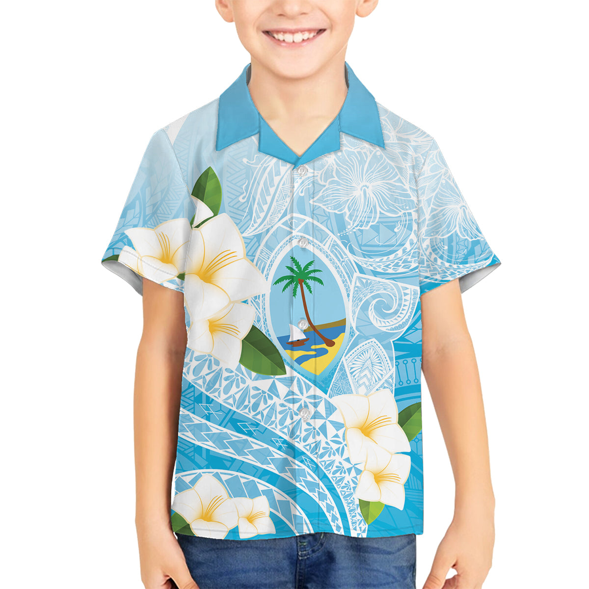 Guam Chamorro Guasali Flowers Family Matching Off Shoulder Maxi Dress and Hawaiian Shirt Aqua Gradient LT7 Son's Shirt Aquamarine - Polynesian Pride
