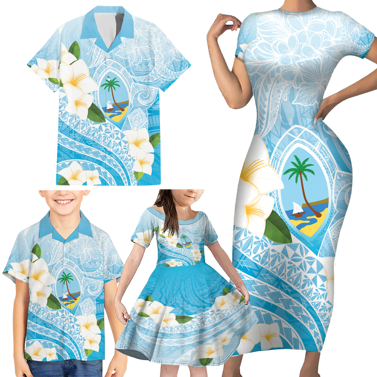 Guam Chamorro Guasali Flowers Family Matching Short Sleeve Bodycon Dress and Hawaiian Shirt Aqua Gradient LT7 - Polynesian Pride