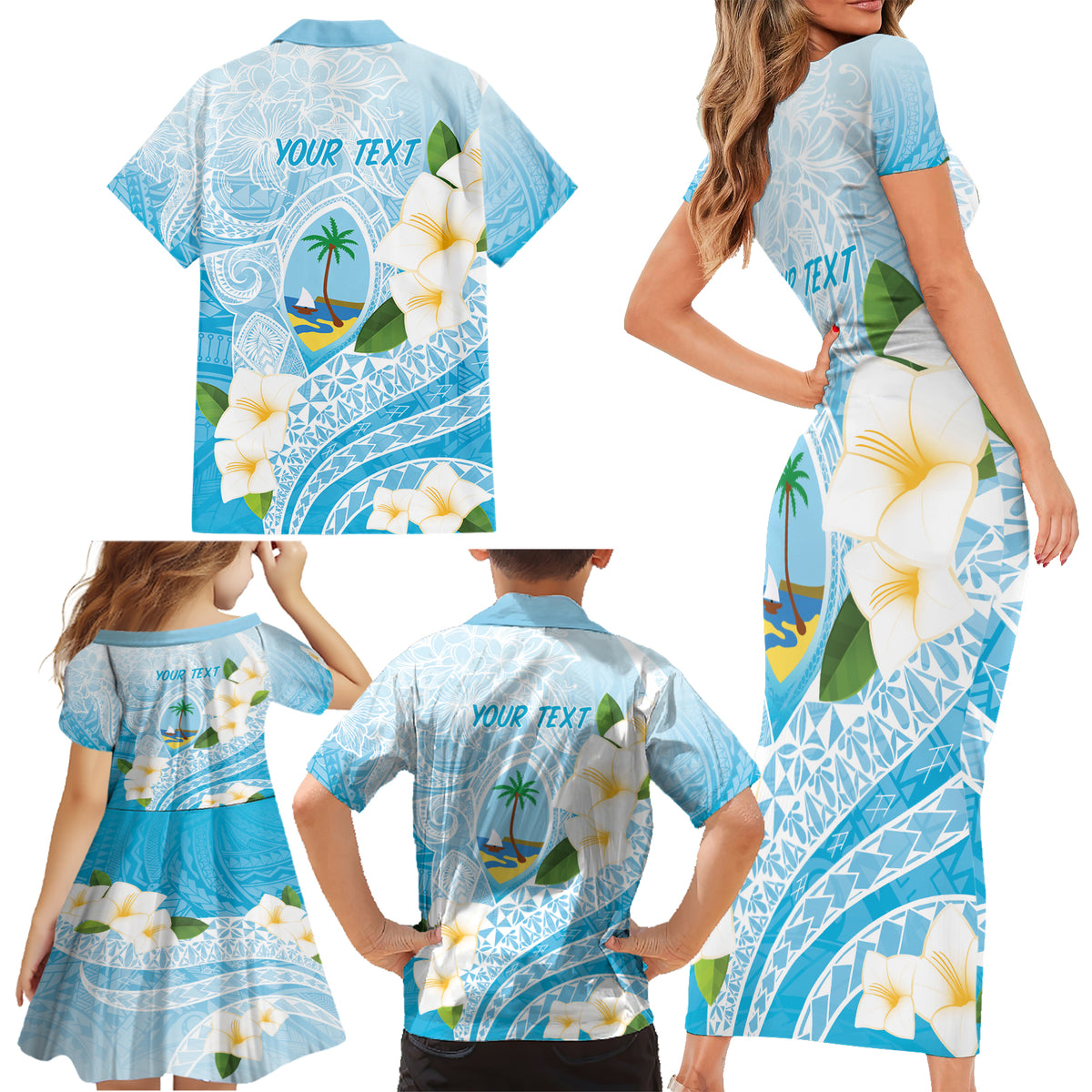 Guam Chamorro Guasali Flowers Family Matching Short Sleeve Bodycon Dress and Hawaiian Shirt Aqua Gradient LT7 - Polynesian Pride