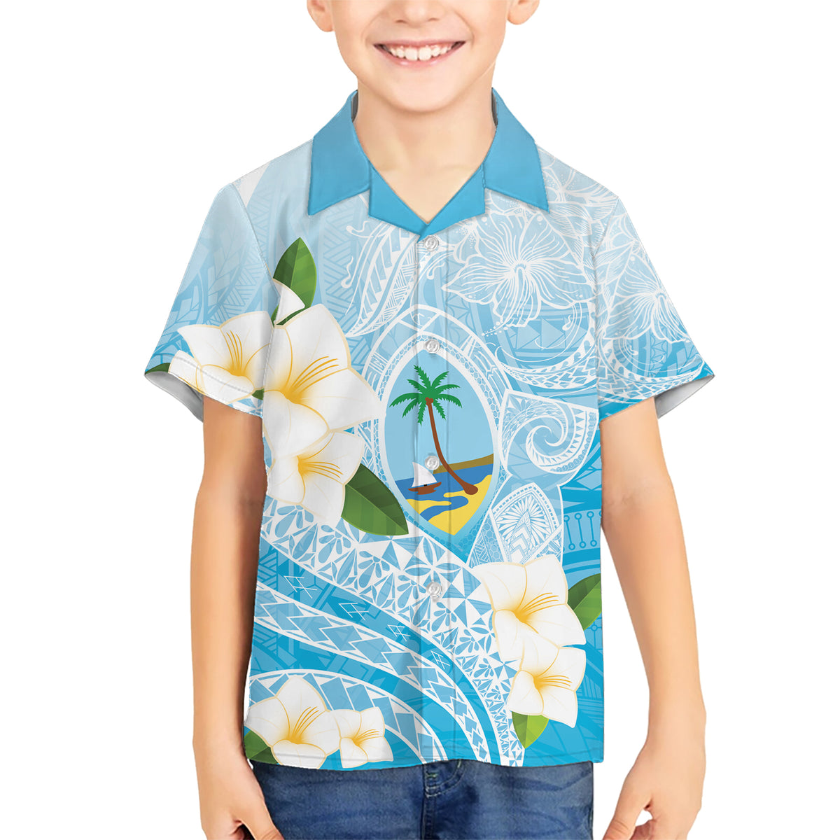 Guam Chamorro Guasali Flowers Family Matching Short Sleeve Bodycon Dress and Hawaiian Shirt Aqua Gradient LT7 Son's Shirt Aquamarine - Polynesian Pride