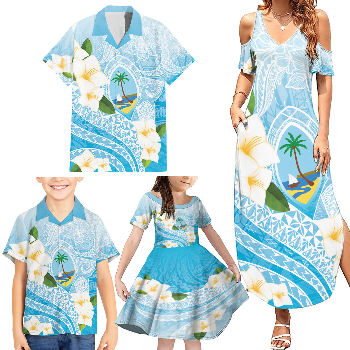 Guam Chamorro Guasali Flowers Family Matching Summer Maxi Dress and Hawaiian Shirt Aqua Gradient LT7 - Polynesian Pride