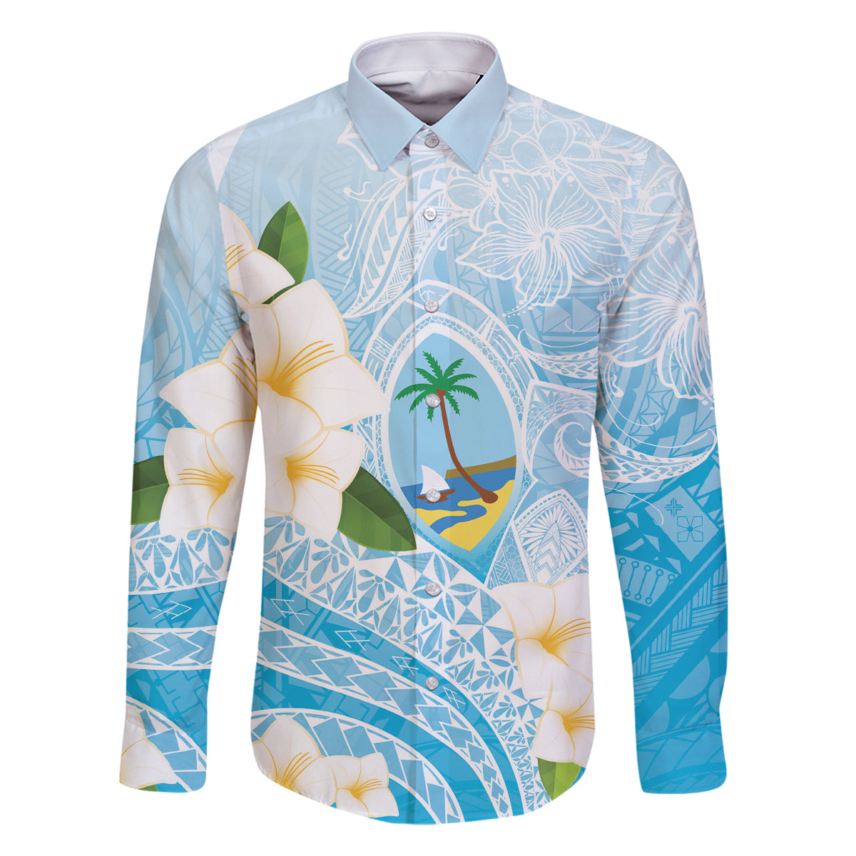 Guam Chamorro Guasali Flowers Family Matching Tank Maxi Dress and Hawaiian Shirt Aqua Gradient LT7 Dad's Shirt - Long Sleeve Aquamarine - Polynesian Pride