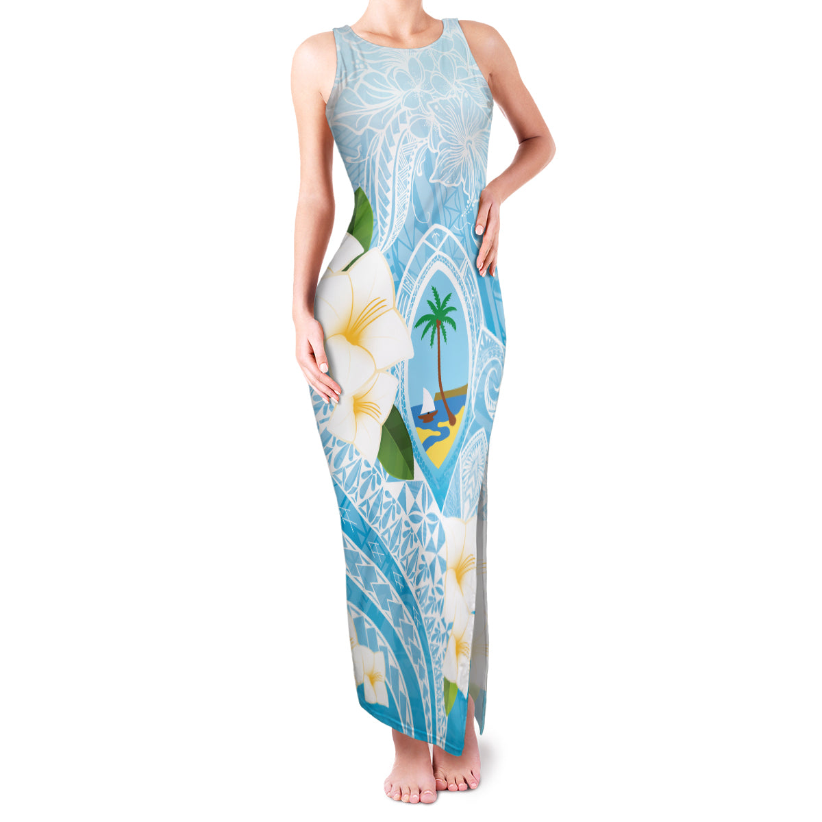 Guam Chamorro Guasali Flowers Family Matching Tank Maxi Dress and Hawaiian Shirt Aqua Gradient LT7 Mom's Dress Aquamarine - Polynesian Pride