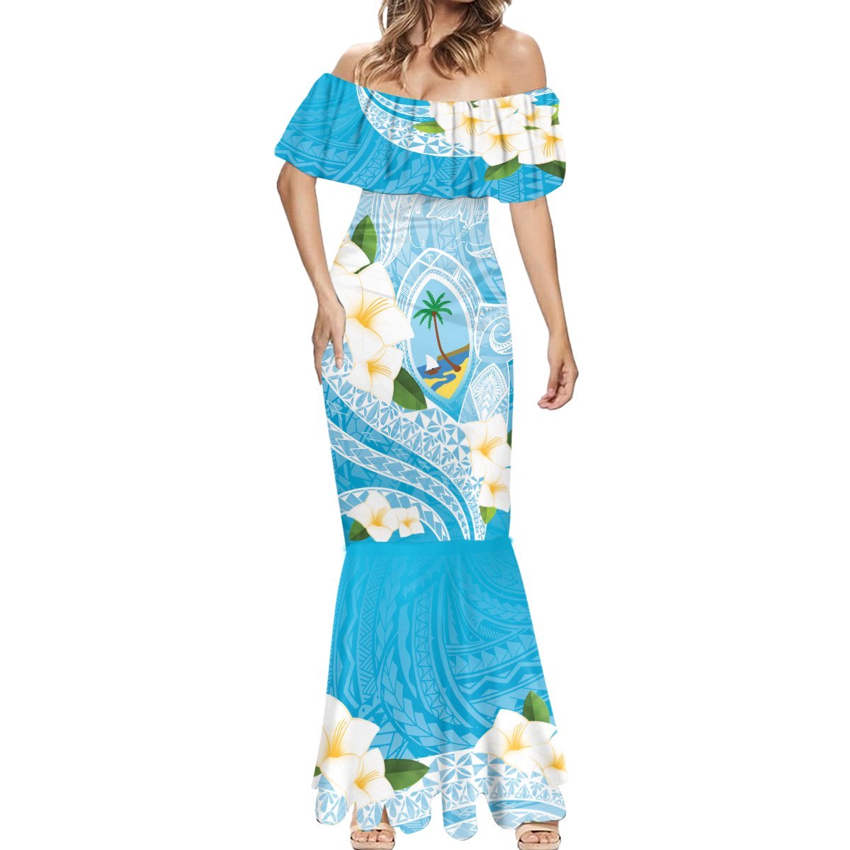 Guam Chamorro Guasali Flowers Mermaid Dress Aqua Gradient LT7 - Polynesian Pride