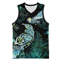 Aotearoa Maori Mahuru Basketball Jersey Spring Time - Paua Shell Green LT7 Unisex Black - Polynesian Pride