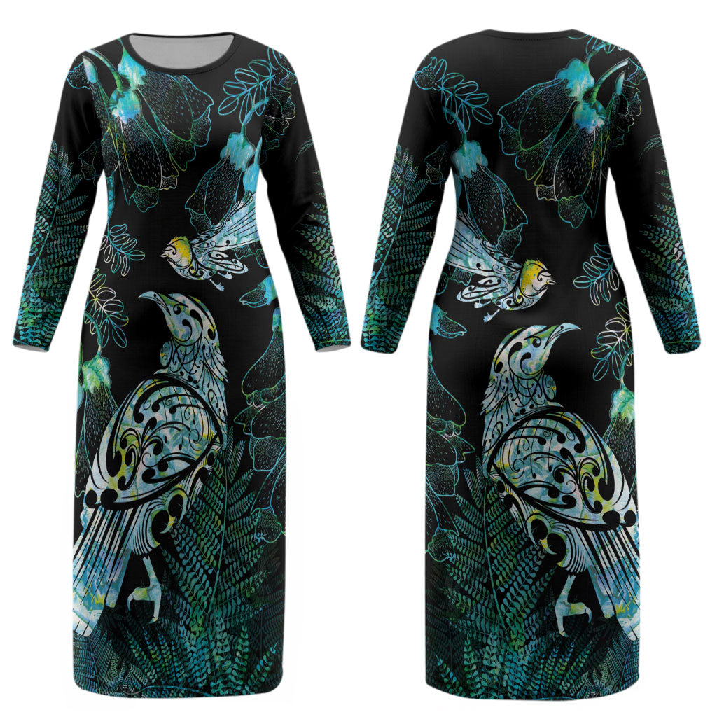 Aotearoa Maori Mahuru Couples Matching Long Sleeve Bodycon Dress and Long Sleeve Button Shirt Spring Time - Paua Shell Green LT7 - Polynesian Pride