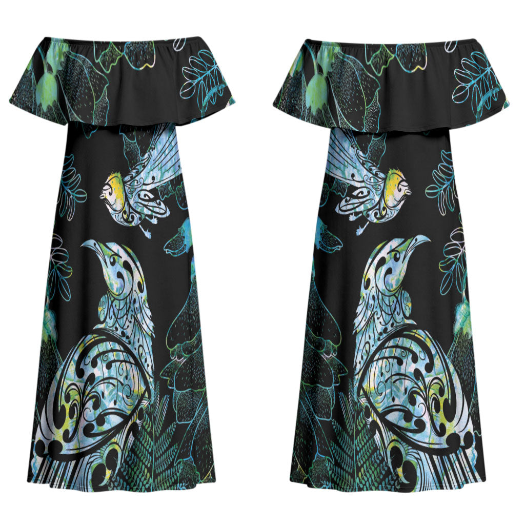 Aotearoa Maori Mahuru Couples Matching Off Shoulder Maxi Dress and Long Sleeve Button Shirt Spring Time - Paua Shell Green LT7 - Polynesian Pride