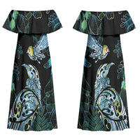 Aotearoa Maori Mahuru Couples Matching Off Shoulder Maxi Dress and Long Sleeve Button Shirt Spring Time - Paua Shell Green LT7 - Polynesian Pride