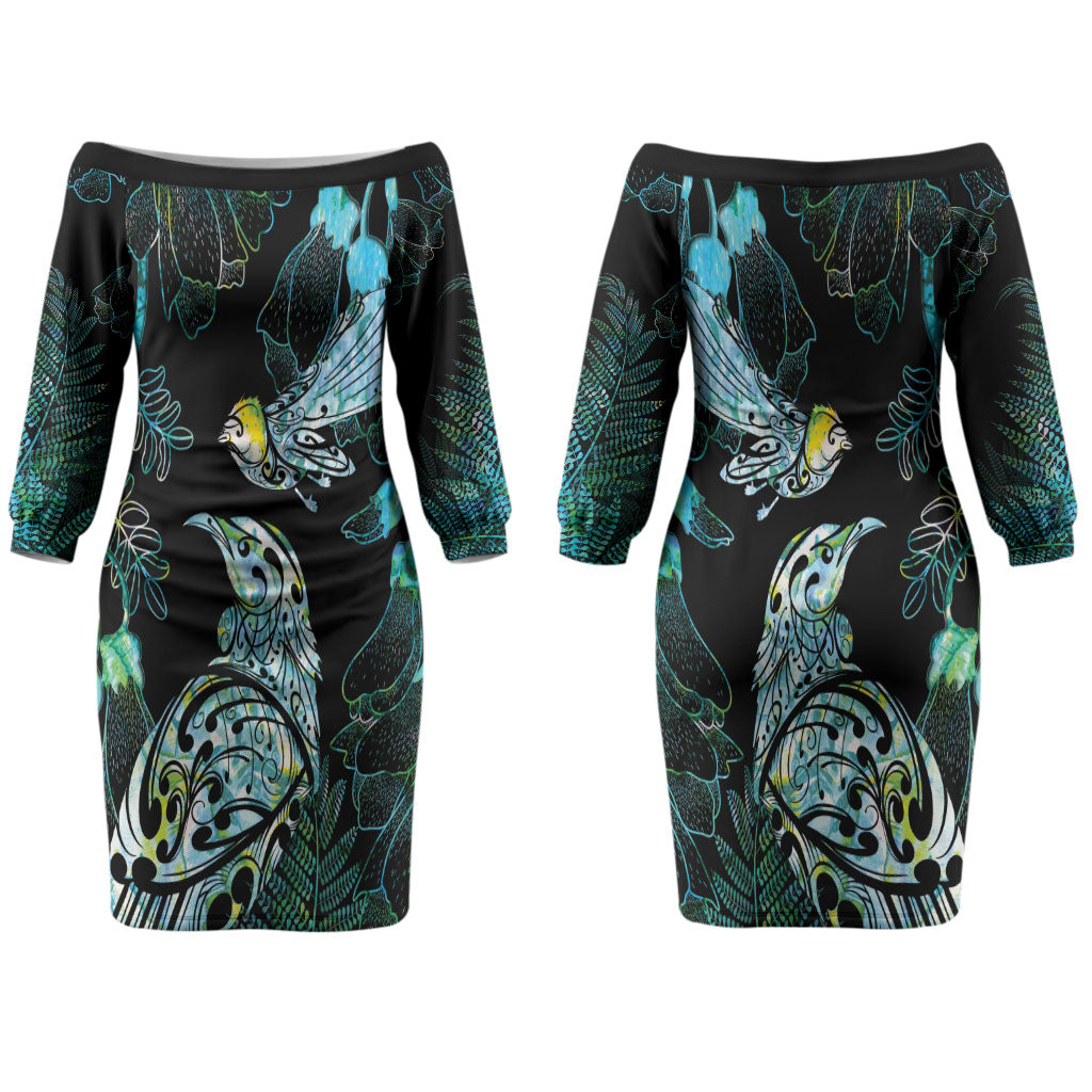 Aotearoa Maori Mahuru Couples Matching Off The Shoulder Long Sleeve Dress and Long Sleeve Button Shirt Spring Time - Paua Shell Green LT7 - Polynesian Pride