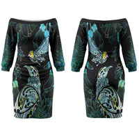 Aotearoa Maori Mahuru Couples Matching Off The Shoulder Long Sleeve Dress and Long Sleeve Button Shirt Spring Time - Paua Shell Green LT7 - Polynesian Pride