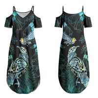 Aotearoa Maori Mahuru Couples Matching Summer Maxi Dress and Long Sleeve Button Shirt Spring Time - Paua Shell Green LT7 - Polynesian Pride