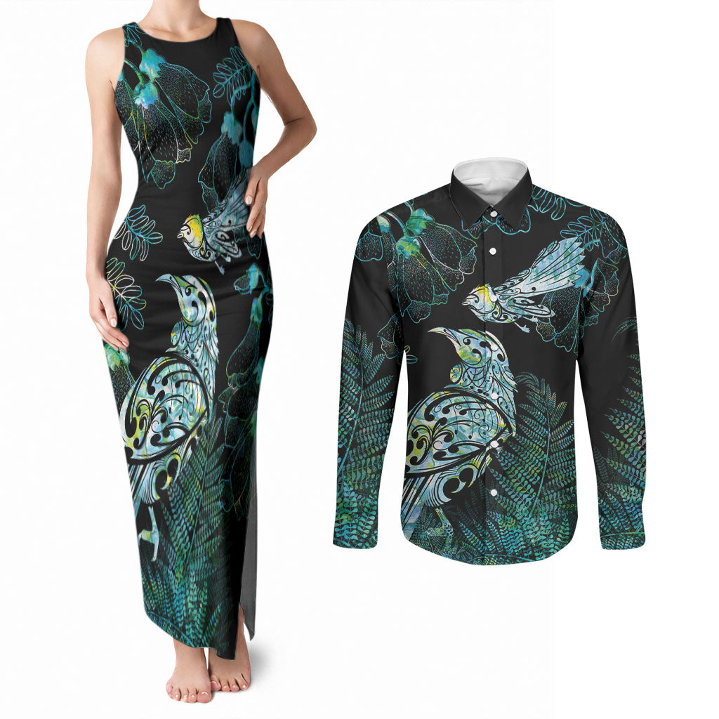 Aotearoa Maori Mahuru Couples Matching Tank Maxi Dress and Long Sleeve Button Shirt Spring Time - Paua Shell Green LT7 Black - Polynesian Pride