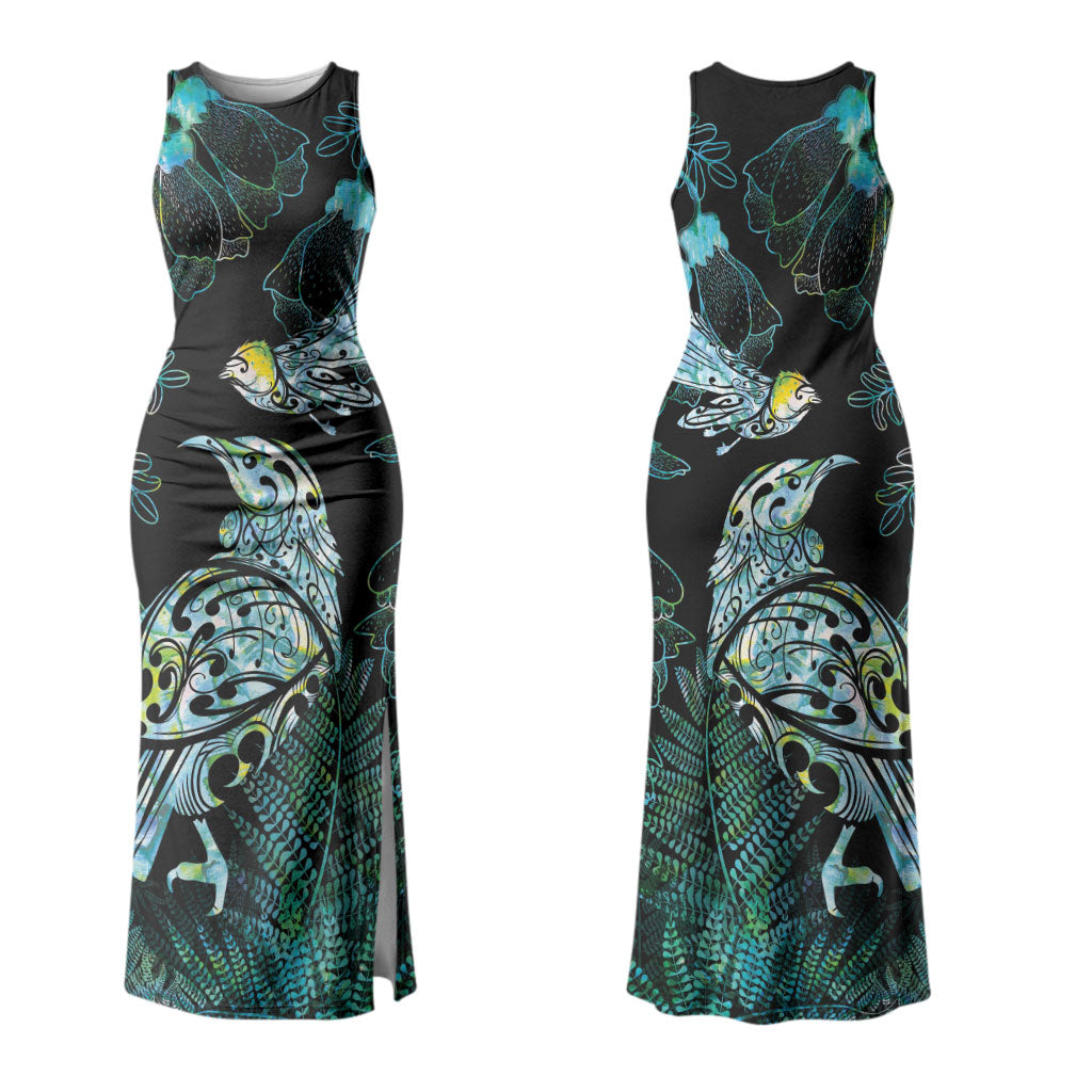 Aotearoa Maori Mahuru Couples Matching Tank Maxi Dress and Long Sleeve Button Shirt Spring Time - Paua Shell Green LT7 - Polynesian Pride