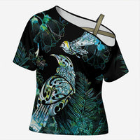 Aotearoa Maori Mahuru Cross Shoulder Shirt Spring Time - Paua Shell Green LT7 Female Black - Polynesian Pride