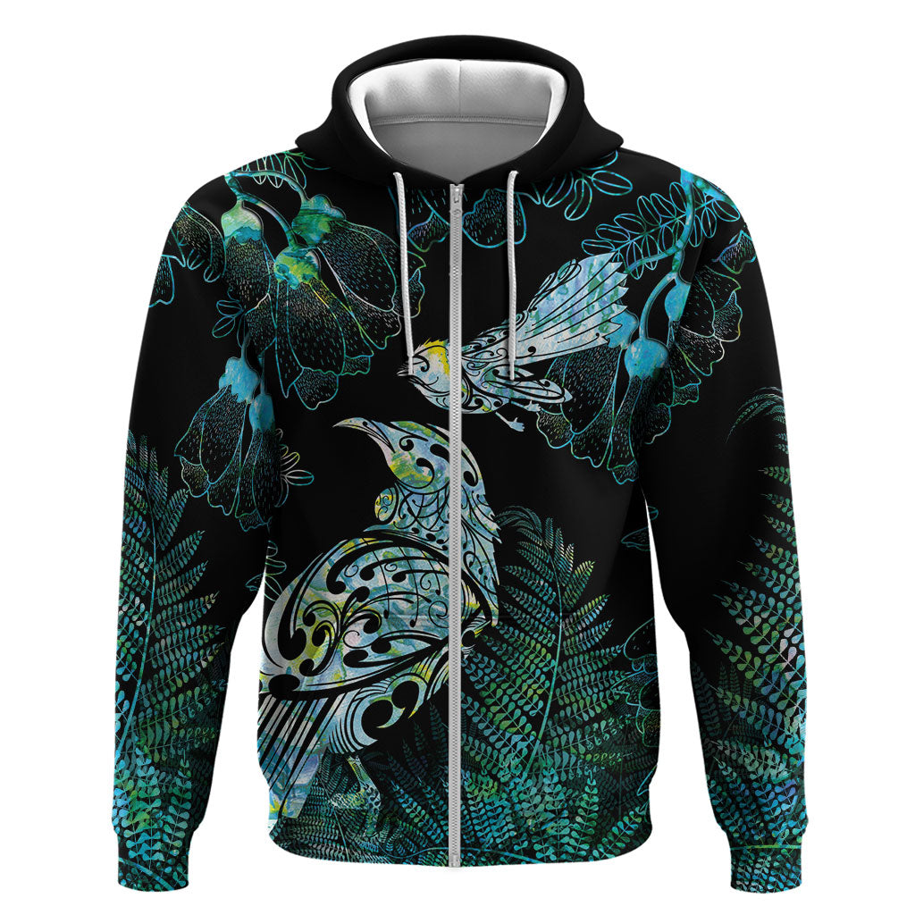 Aotearoa Maori Mahuru Hoodie Spring Time - Paua Shell Green LT7 Zip Hoodie Black - Polynesian Pride