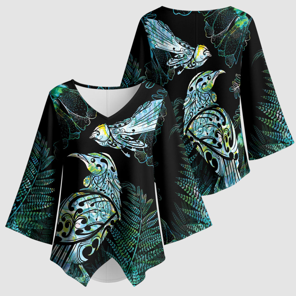 Aotearoa Maori Mahuru Kimono Sleeve Blouse Spring Time - Paua Shell Green LT7 - Polynesian Pride