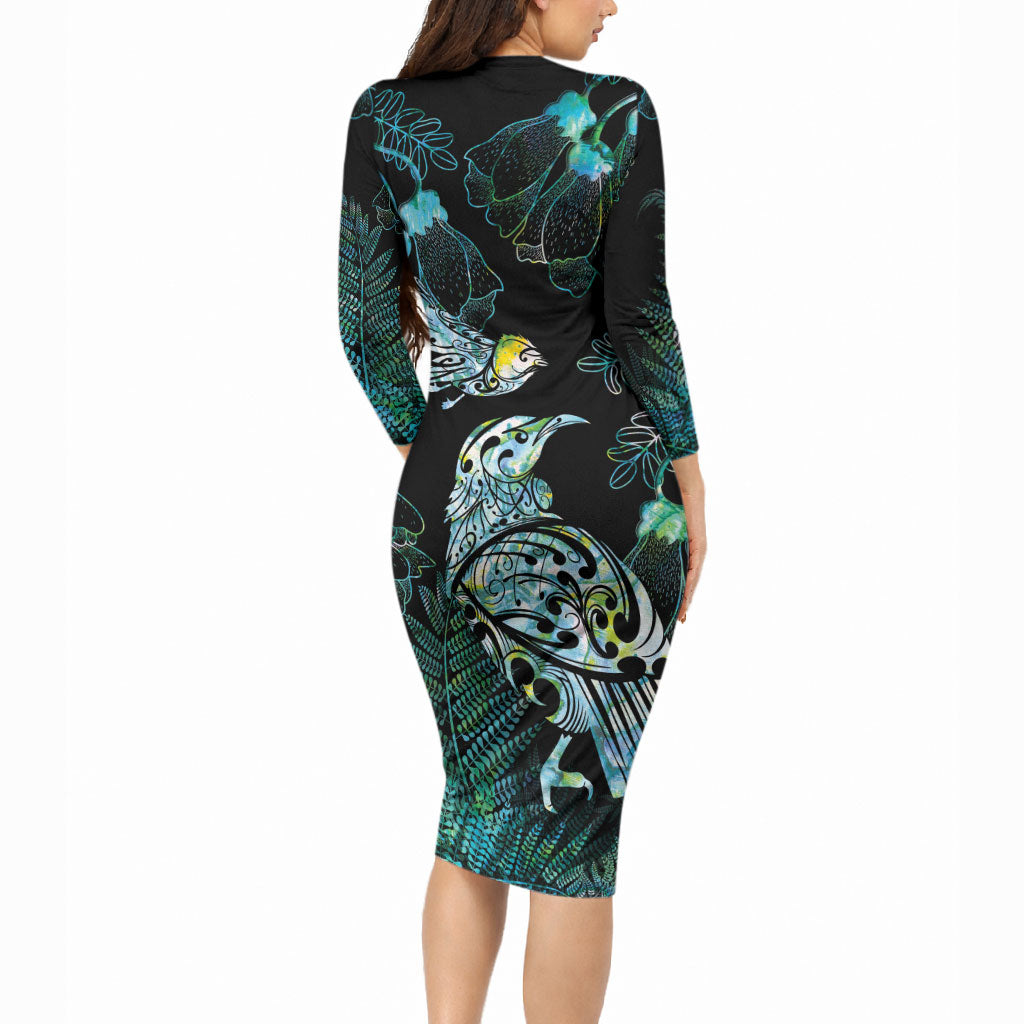 Aotearoa Maori Mahuru Long Sleeve Bodycon Dress Spring Time - Paua Shell Green LT7 - Polynesian Pride