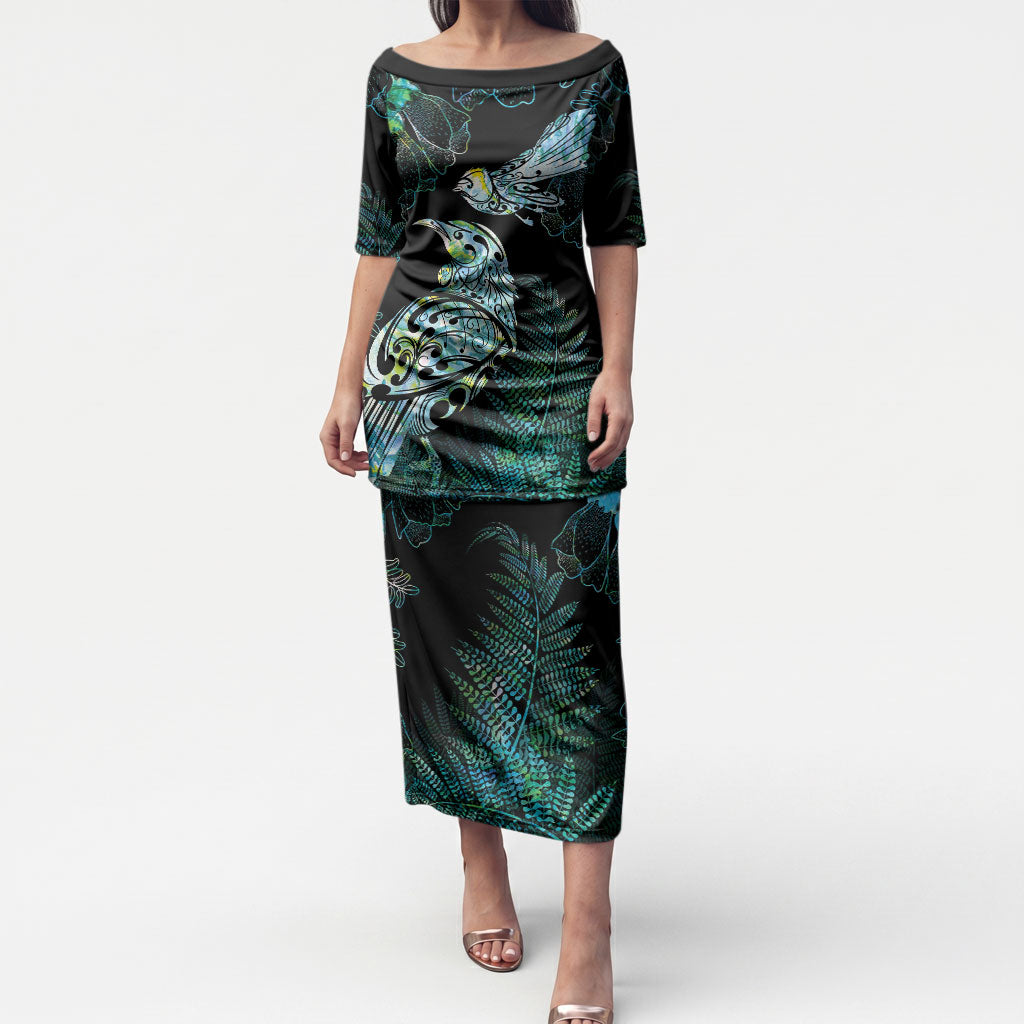 Aotearoa Maori Mahuru Puletasi Spring Time - Paua Shell Green LT7 Long Dress Black - Polynesian Pride