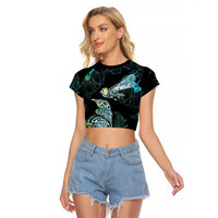 Aotearoa Maori Mahuru Raglan Cropped T Shirt Spring Time - Paua Shell Green LT7 Female Black - Polynesian Pride