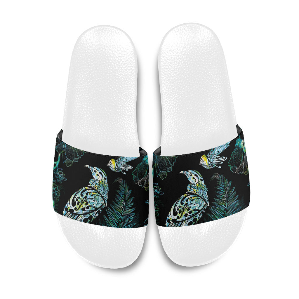 Aotearoa Maori Mahuru Slide Sandals Spring Time - Paua Shell Green LT7 Black - Polynesian Pride