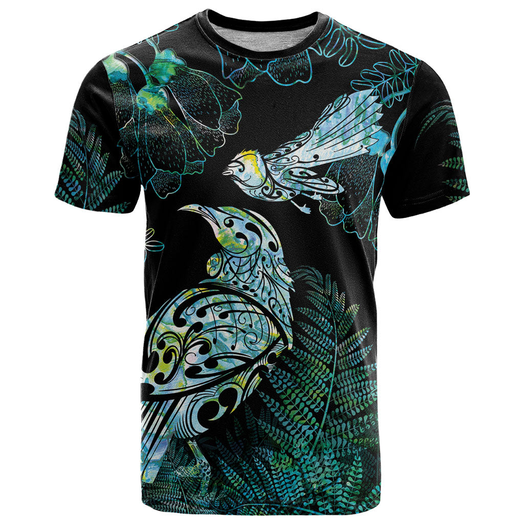 Aotearoa Maori Mahuru T Shirt Spring Time - Paua Shell Green LT7 Black - Polynesian Pride