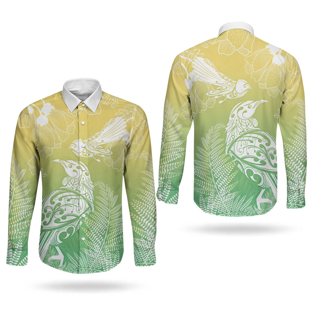 Aotearoa Maori Mahuru Tui With Pikawakawa Couples Matching Long Sleeve Bodycon Dress and Long Sleeve Button Shirt Spring Time LT7 - Polynesian Pride
