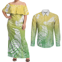 Aotearoa Maori Mahuru Tui With Pikawakawa Couples Matching Off Shoulder Maxi Dress and Long Sleeve Button Shirt Spring Time LT7 Green - Polynesian Pride