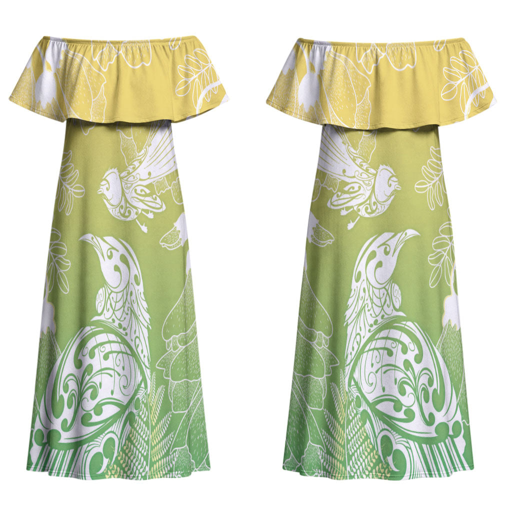Aotearoa Maori Mahuru Tui With Pikawakawa Couples Matching Off Shoulder Maxi Dress and Long Sleeve Button Shirt Spring Time LT7 - Polynesian Pride