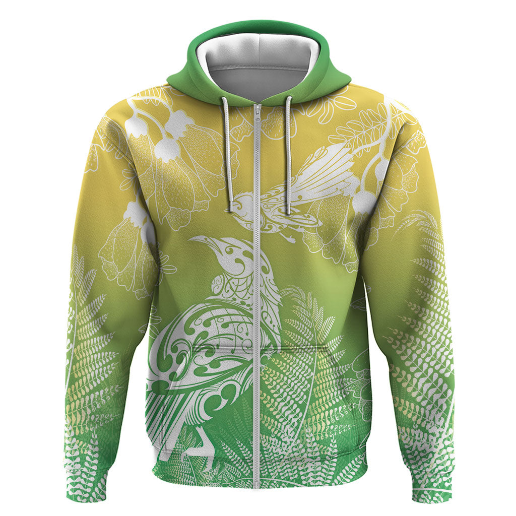Aotearoa Maori Mahuru Tui With Pikawakawa Hoodie Spring Time LT7 Zip Hoodie Green - Polynesian Pride