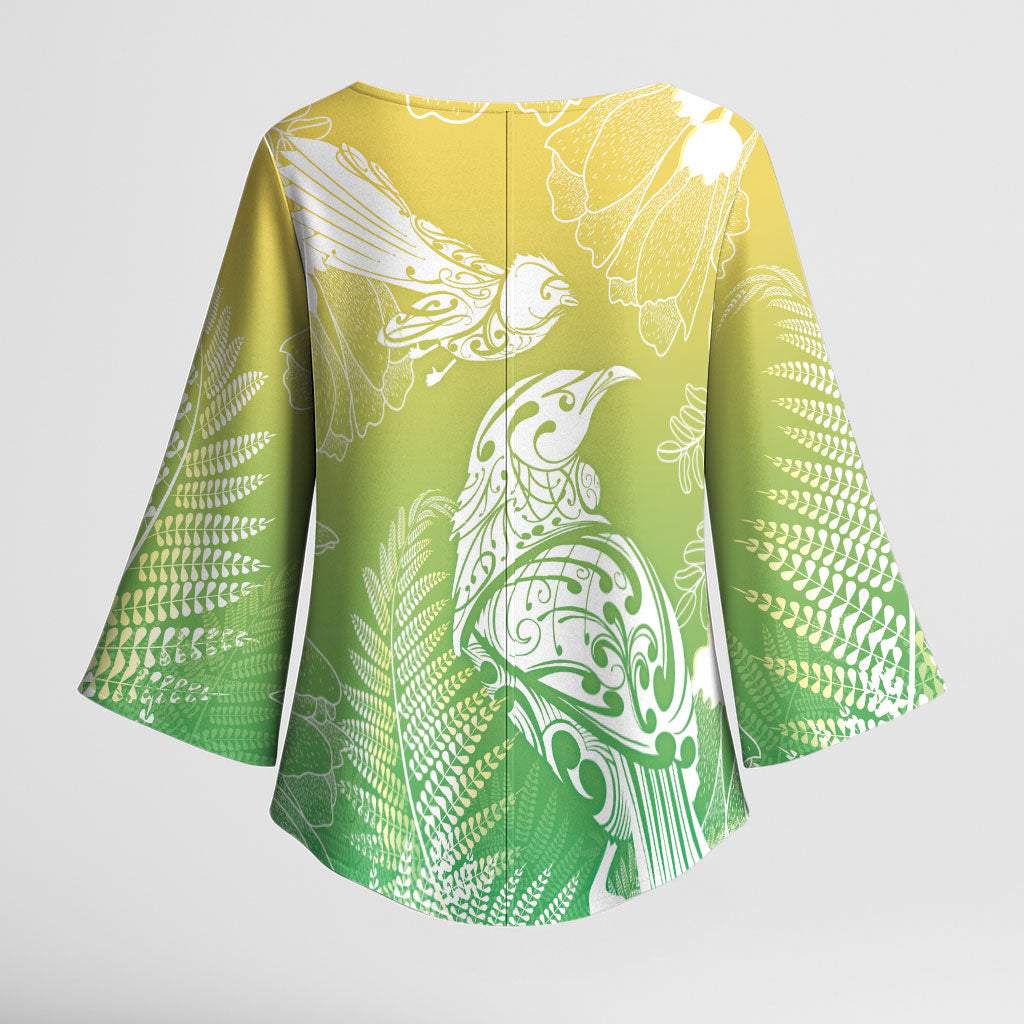Aotearoa Maori Mahuru Tui With Pikawakawa Kimono Sleeve Blouse Spring Time LT7 - Polynesian Pride