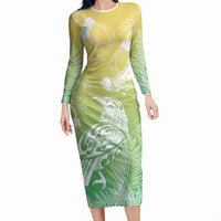 Aotearoa Maori Mahuru Tui With Pikawakawa Long Sleeve Bodycon Dress Spring Time LT7 Long Dress Green - Polynesian Pride