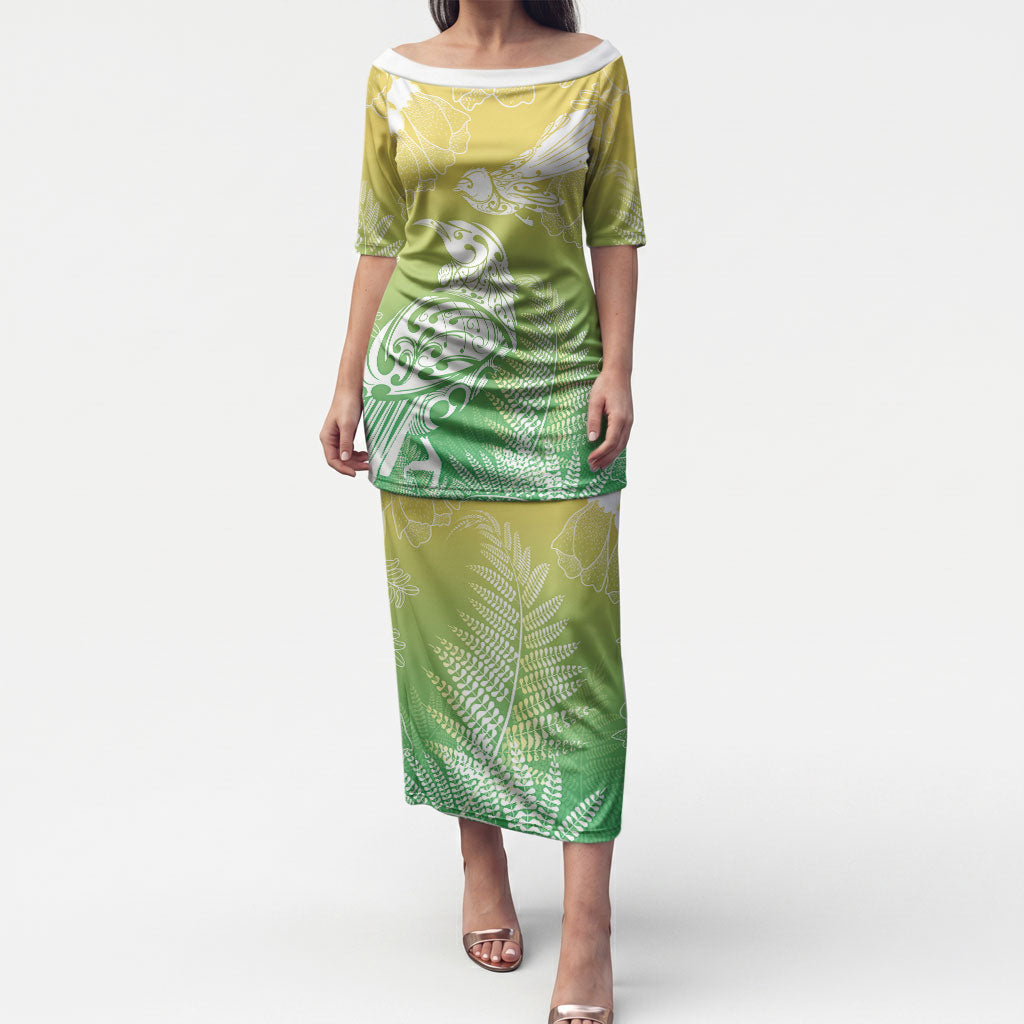 Aotearoa Maori Mahuru Tui With Pikawakawa Puletasi Spring Time LT7 Long Dress Green - Polynesian Pride