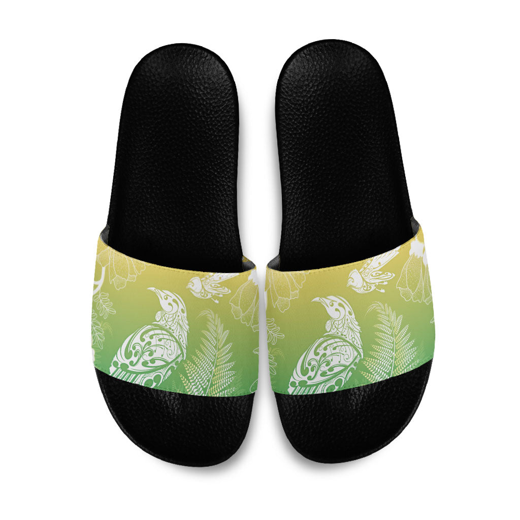 Aotearoa Maori Mahuru Tui With Pikawakawa Slide Sandals Spring Time LT7 Green - Polynesian Pride