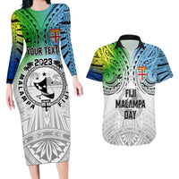 Personalised Malampa Fiji Day Couples Matching Long Sleeve Bodycon Dress and Hawaiian Shirt Gradient Style LT7 White - Polynesian Pride