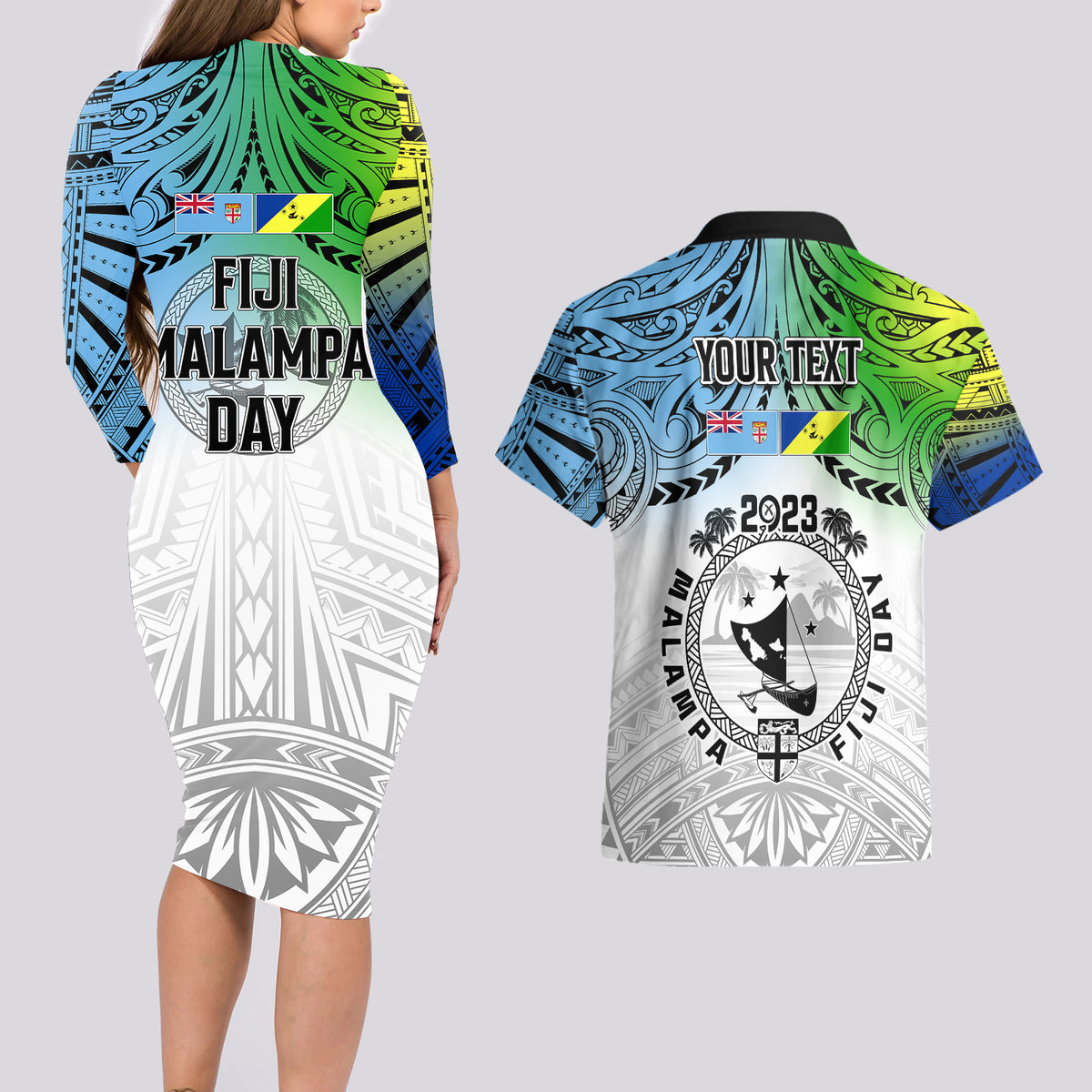 Personalised Malampa Fiji Day Couples Matching Long Sleeve Bodycon Dress and Hawaiian Shirt Gradient Style LT7 - Polynesian Pride