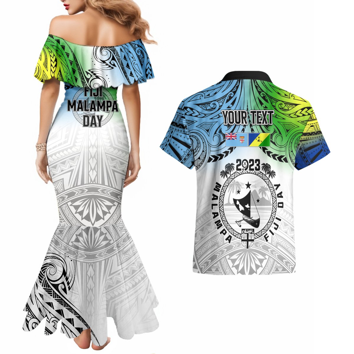 Personalised Malampa Fiji Day Couples Matching Mermaid Dress and Hawaiian Shirt Gradient Style LT7 - Polynesian Pride