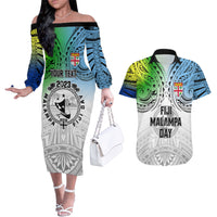 Personalised Malampa Fiji Day Couples Matching Off The Shoulder Long Sleeve Dress and Hawaiian Shirt Gradient Style LT7 White - Polynesian Pride