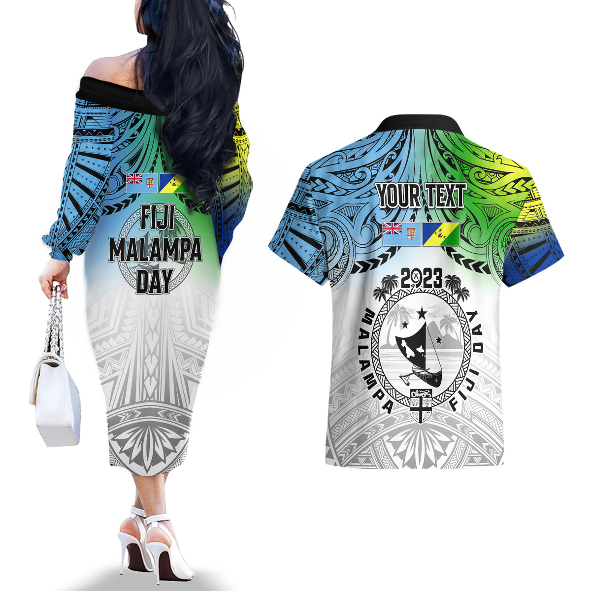 Personalised Malampa Fiji Day Couples Matching Off The Shoulder Long Sleeve Dress and Hawaiian Shirt Gradient Style LT7 - Polynesian Pride