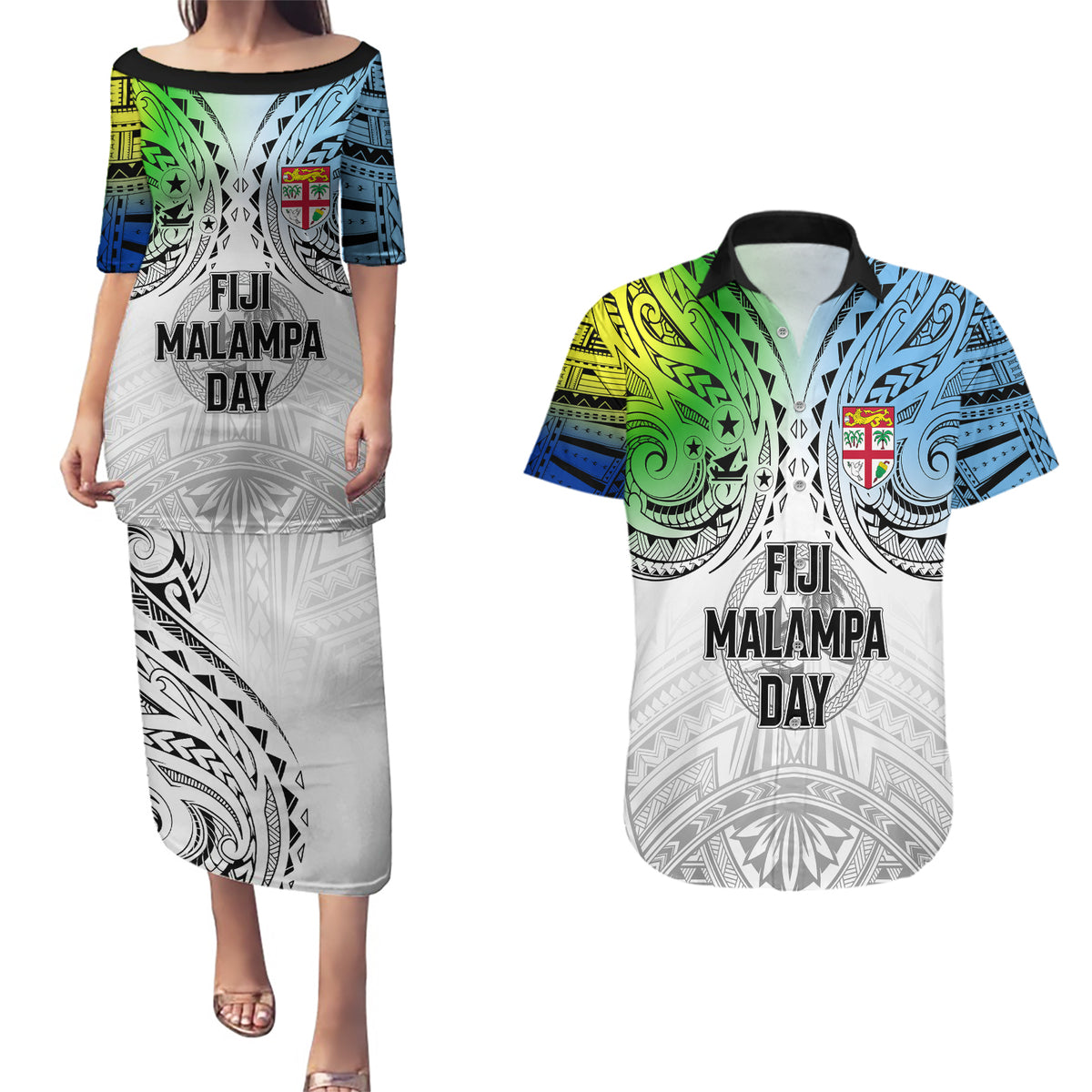 Personalised Malampa Fiji Day Couples Matching Puletasi Dress and Hawaiian Shirt Gradient Style LT7 White - Polynesian Pride