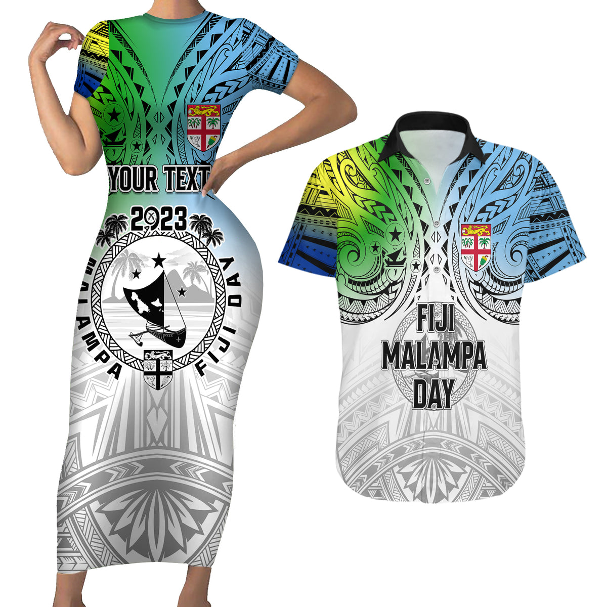 Personalised Malampa Fiji Day Couples Matching Short Sleeve Bodycon Dress and Hawaiian Shirt Gradient Style LT7 White - Polynesian Pride