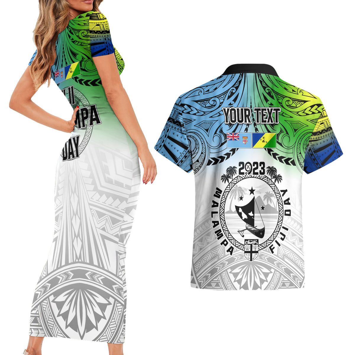 Personalised Malampa Fiji Day Couples Matching Short Sleeve Bodycon Dress and Hawaiian Shirt Gradient Style LT7 - Polynesian Pride